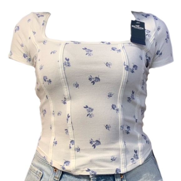 Hollister Tops - Hollister Must Have Baby Tee Square Neck Corset Style White and Blue Flower Prin